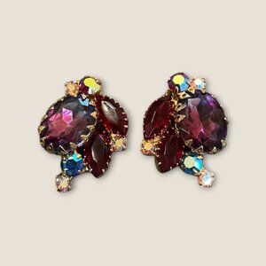 Vintage Aurora Borealis Clip-On Earrings With Rhinestones & Gold-Tone Metal